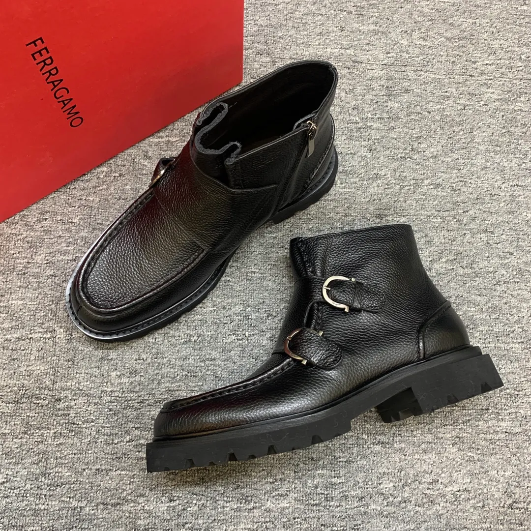 Men's shoes 💰960 🎁🎁🎁😈[Ferragamo] Men's high-top boots, the latest hot style, 1:1 original purchase quality, top quality, imported cowhide for the uppers, imported cowhide for the lining and feet, with original lightweight foam outsole, matching code 39-44, (38, 45 custom-made, non-refundable)